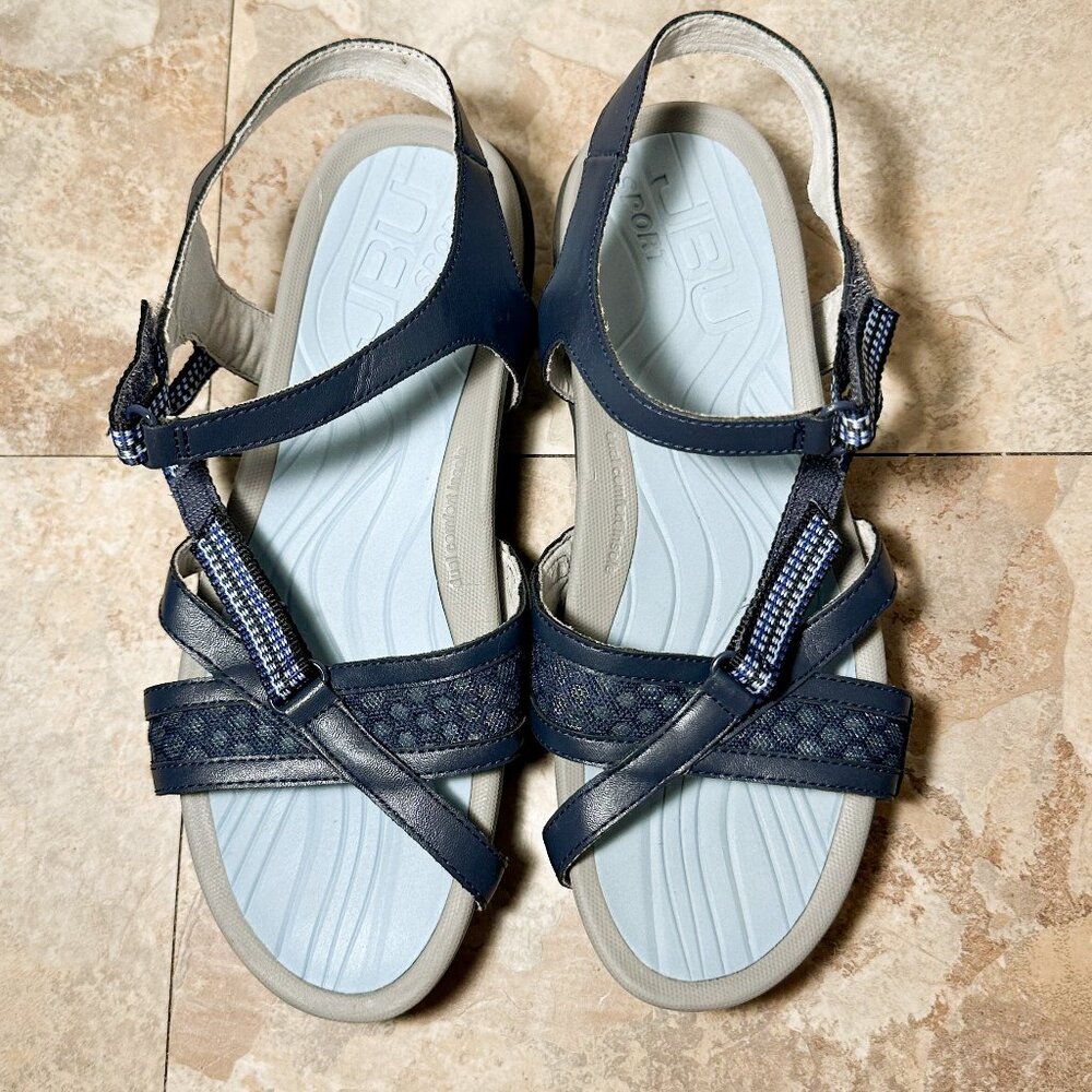 JBU Sport Blue Strappy Hiking Sandals Womens Size 7 Adj Strap Patterned Sole